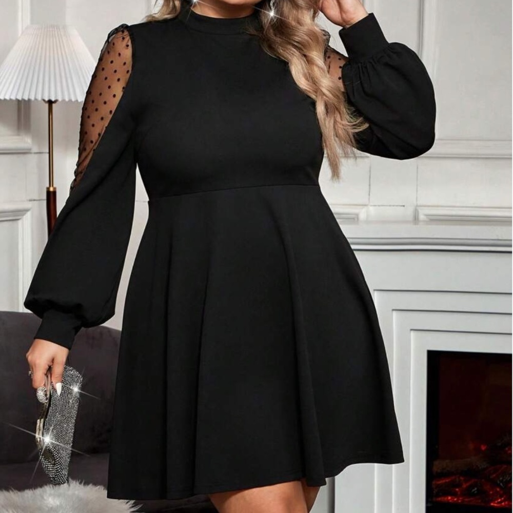 Plus Polka Dot Sheer Sleeve Evening Formal party Holiday Dress - Picture 2 of 10